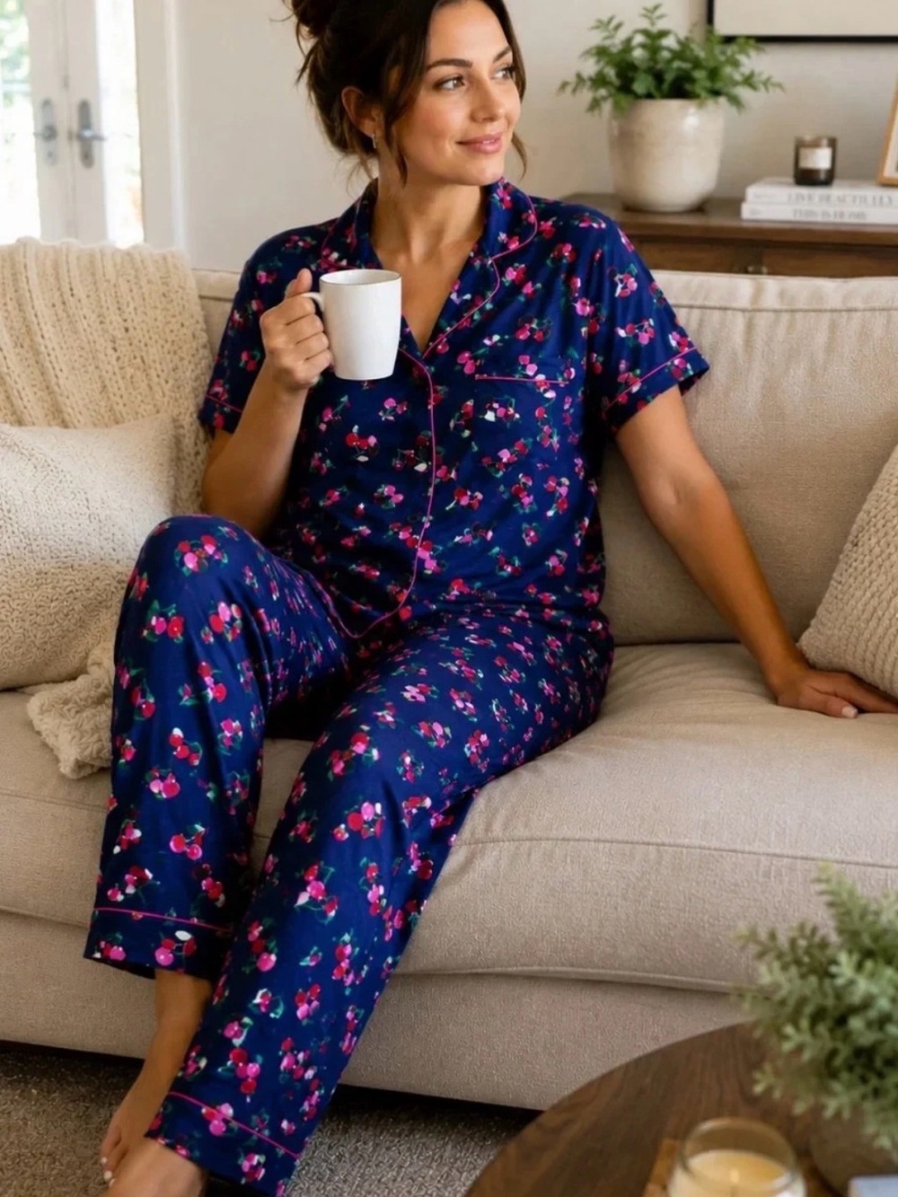 NEW Kate Spade BLUE Red Pink "Cherries" Soft Knit Cropped Pajama Set Size M
